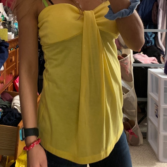 yellow strapless shirt